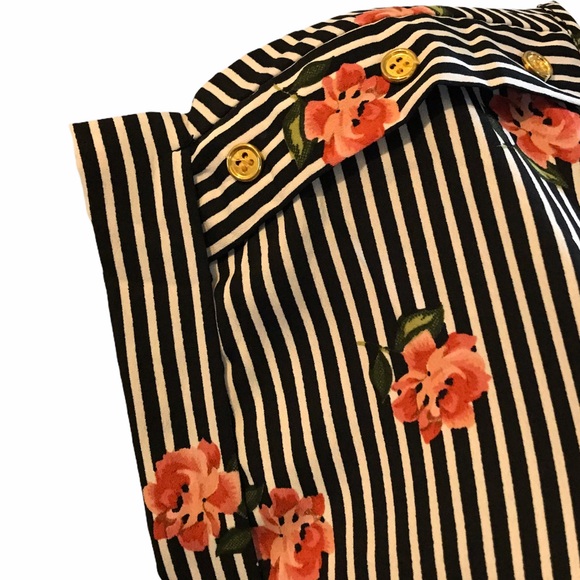 Floral Striped Blouse Career Office Lightweight Rosette Casual Rose Print boho - Picture 4 of 6